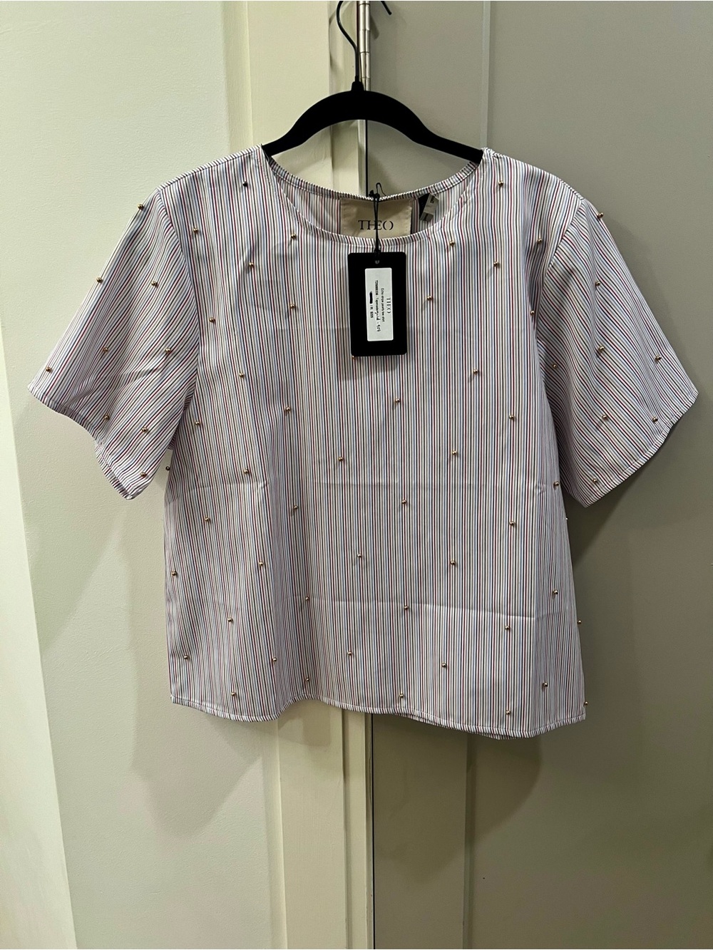 Theo Striped Embellished Short Sleeve Top - White with Red & Blue Pinstripes